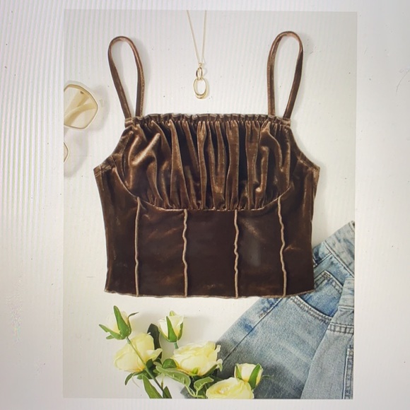 Frill Trim Ruched Bust Velvet Crop - Picture 4 of 4